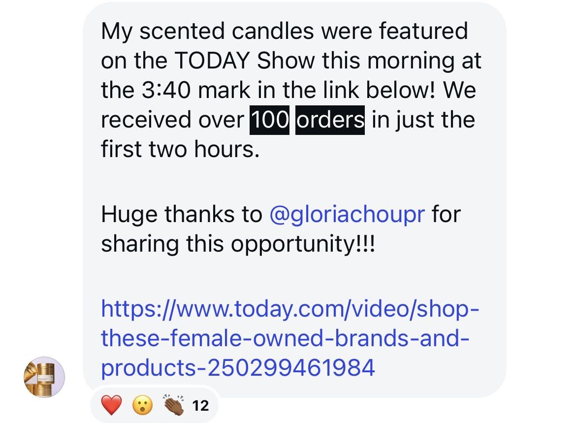 Kandlery message: featured on the TODAY Show, over 100 orders in the first two hours