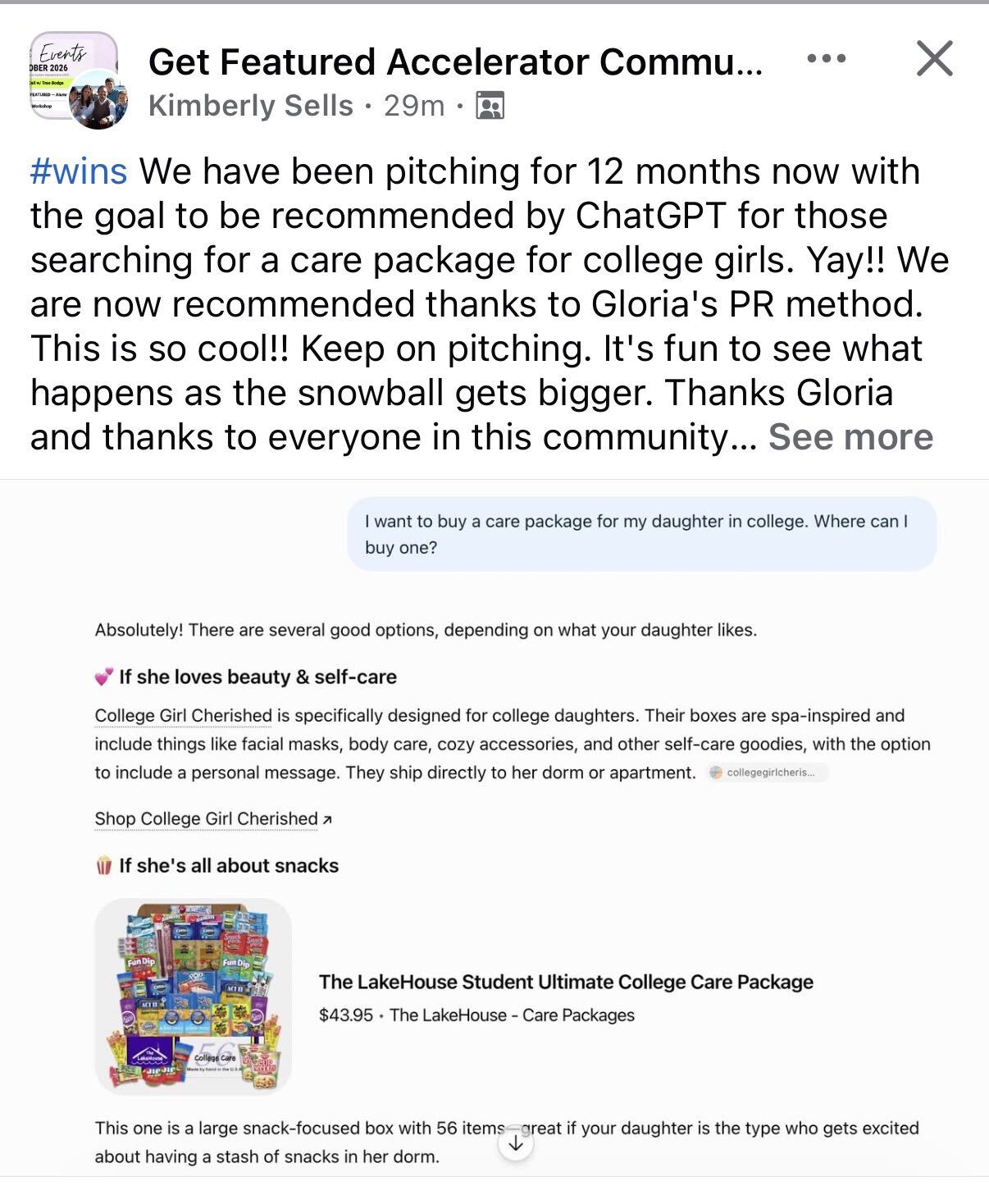 Kimberly Sells — now recommended by ChatGPT for care packages for college girls thanks to Gloria's PR method
