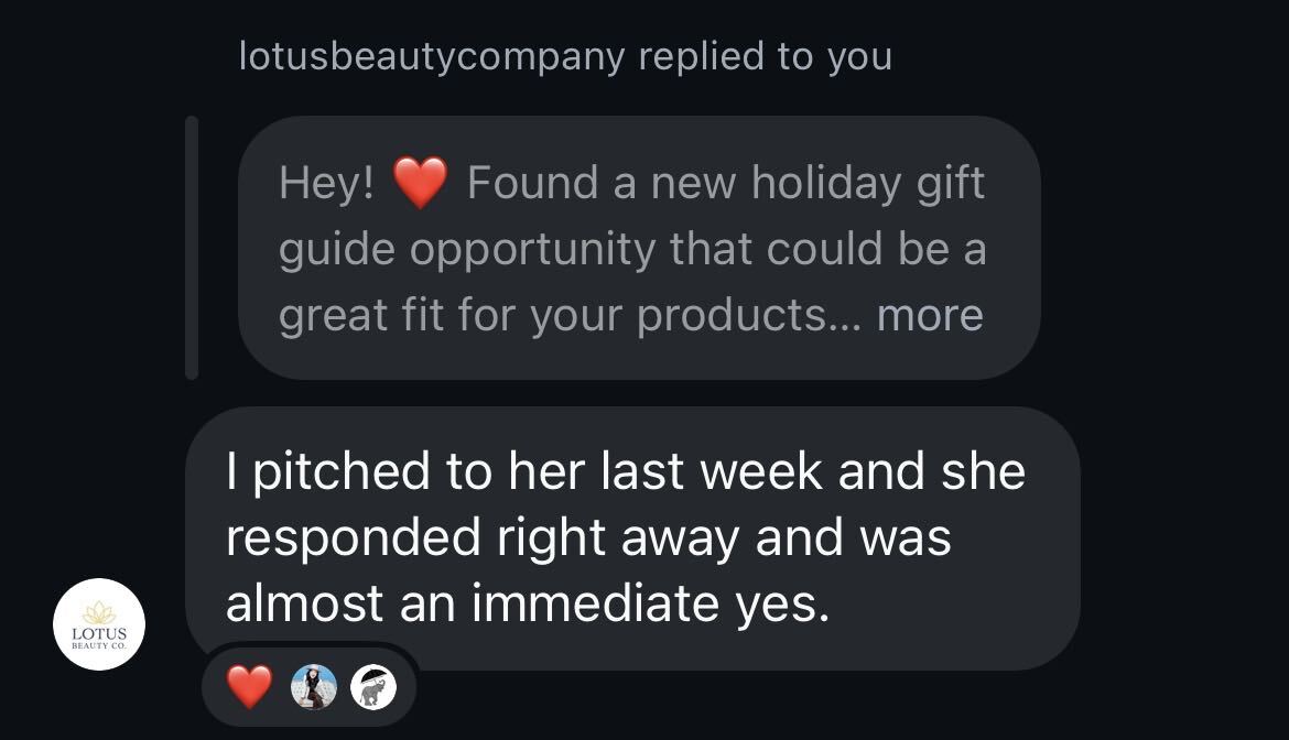 Lotus Beauty Co pitched a holiday gift guide opportunity and got an almost immediate yes